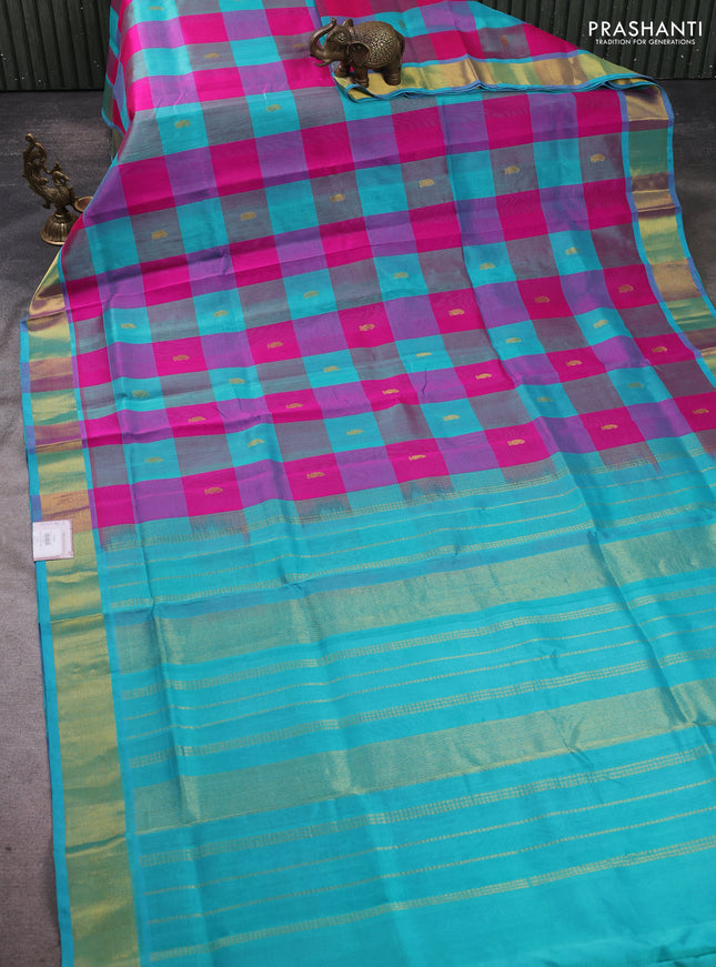 Silk cotton saree pink and teal blue with paalum pazhamum checks & zari buttas and zari woven border