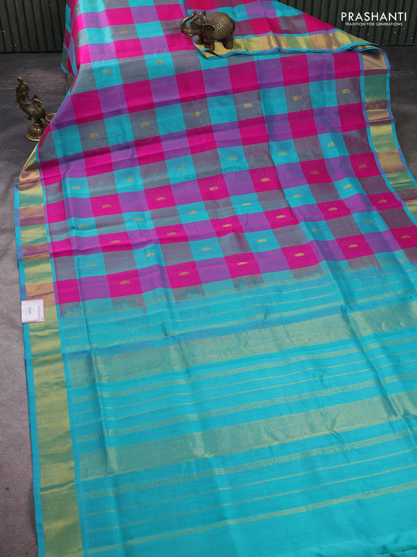 Silk cotton saree pink and teal blue with paalum pazhamum checks & zari buttas and zari woven border