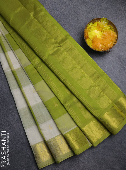 Silk cotton saree off white and light green with paalum pazhamum checks & zari buttas and paisley zari woven border