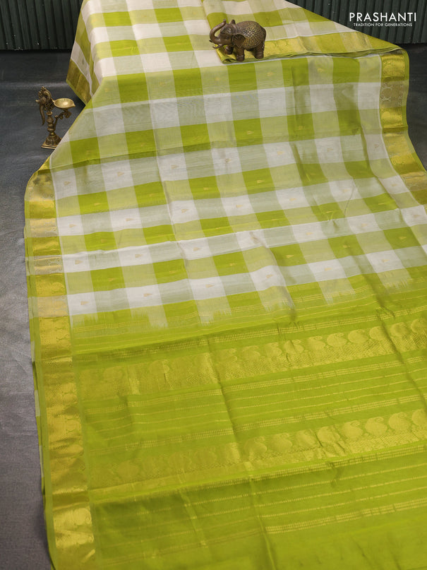 Silk cotton saree off white and light green with paalum pazhamum checks & zari buttas and paisley zari woven border