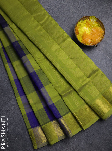 Silk cotton saree blue and light green with paalum pazhamum checks & zari buttas and paisley zari woven border