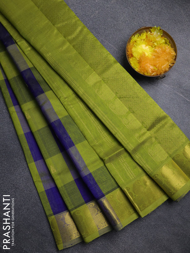 Silk cotton saree blue and light green with paalum pazhamum checks & zari buttas and paisley zari woven border