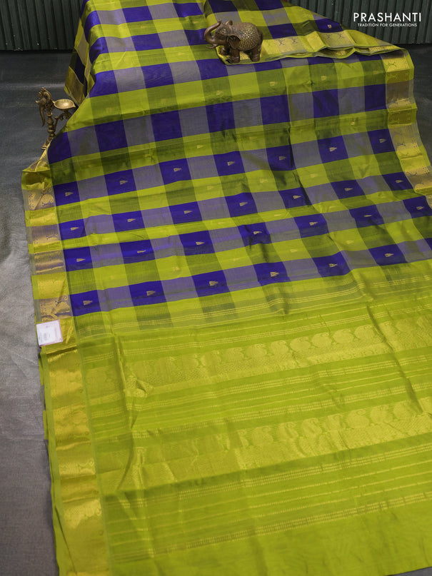 Silk cotton saree blue and light green with paalum pazhamum checks & zari buttas and paisley zari woven border