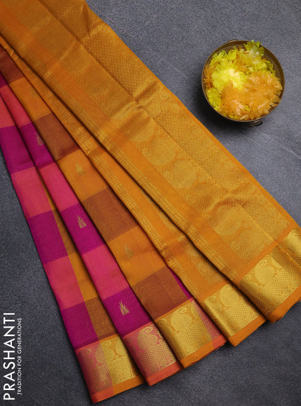Silk cotton saree multi colour and mustard yellow with paalum pazhamum checks & zari buttas and paisley zari woven border