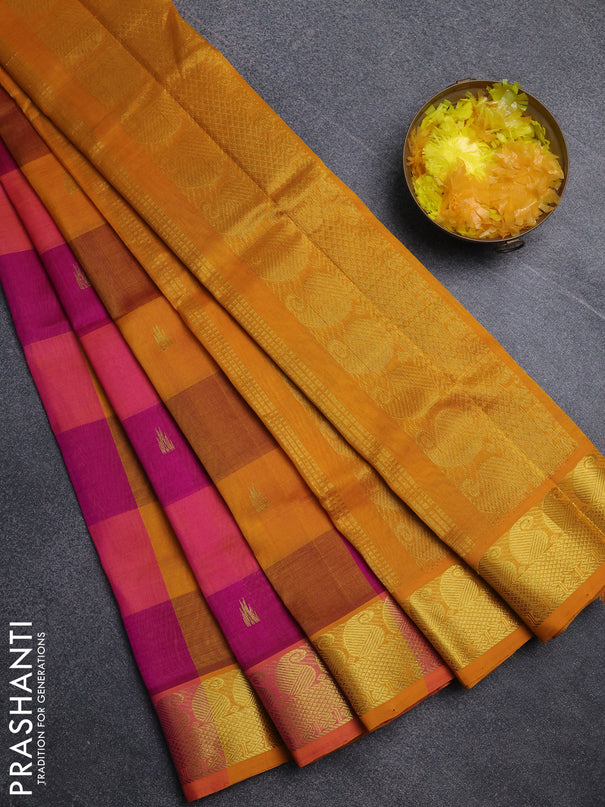 Silk cotton saree multi colour and mustard yellow with paalum pazhamum checks & zari buttas and paisley zari woven border