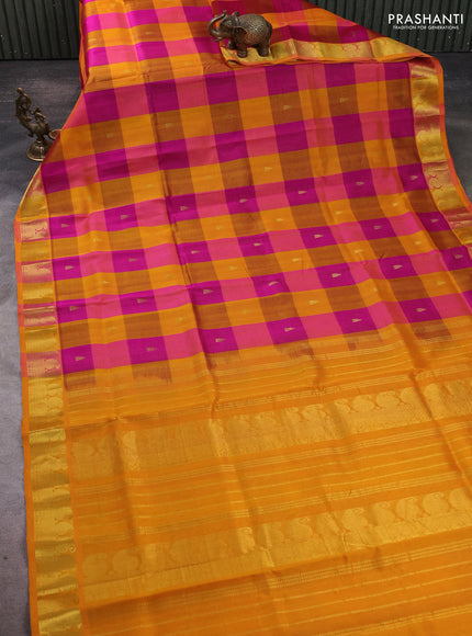 Silk cotton saree multi colour and mustard yellow with paalum pazhamum checks & zari buttas and paisley zari woven border