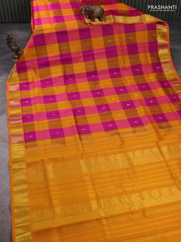 Silk cotton saree multi colour and mustard yellow with paalum pazhamum checks & zari buttas and paisley zari woven border