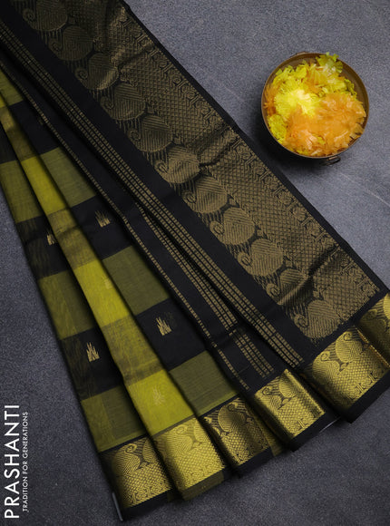 Silk cotton saree black and light green with paalum pazhamum checks & zari buttas and paisley zari woven border