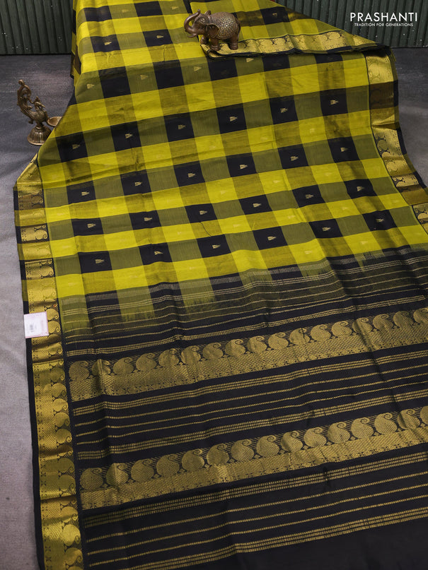 Silk cotton saree black and light green with paalum pazhamum checks & zari buttas and paisley zari woven border