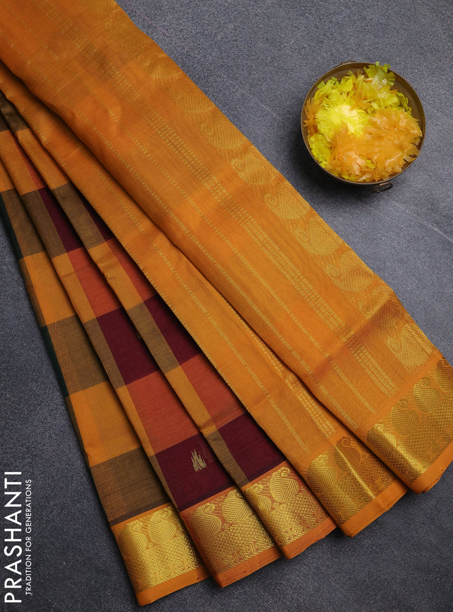 Silk cotton saree multi colour and mustard yellow with paalum pazhamum checks & zari buttas and paisley zari woven border