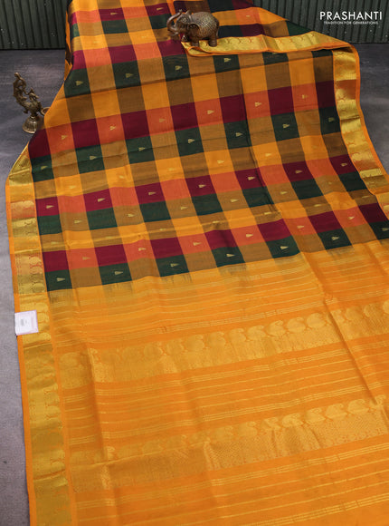 Silk cotton saree multi colour and mustard yellow with paalum pazhamum checks & zari buttas and paisley zari woven border
