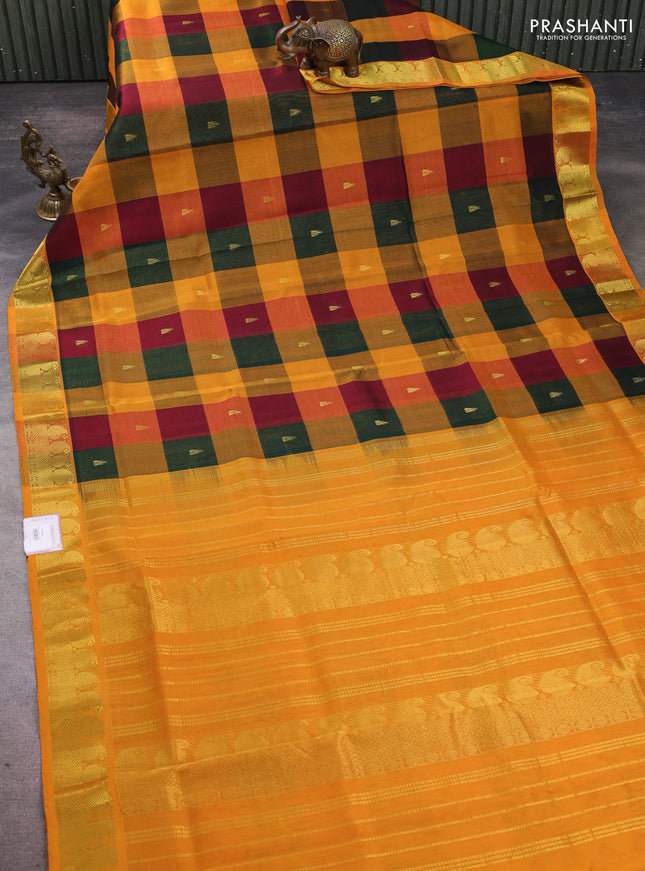 Silk cotton saree multi colour and mustard yellow with paalum pazhamum checks & zari buttas and paisley zari woven border
