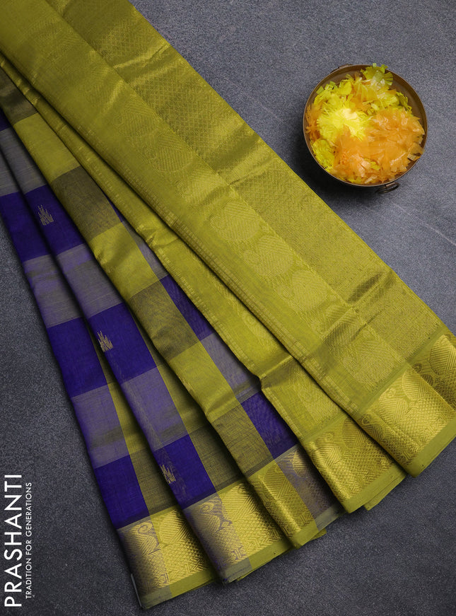 Silk cotton saree blue and light green with paalum pazhamum checks & zari buttas and paisley zari woven border