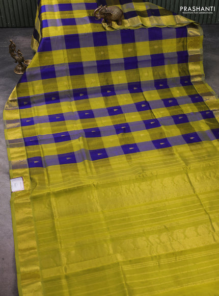 Silk cotton saree blue and light green with paalum pazhamum checks & zari buttas and paisley zari woven border