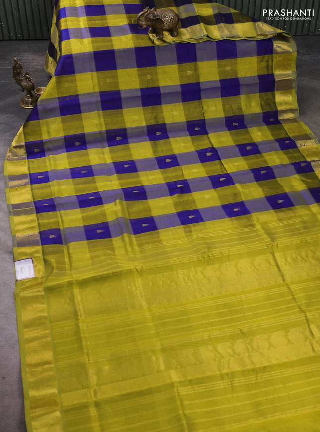 Silk cotton saree blue and light green with paalum pazhamum checks & zari buttas and paisley zari woven border
