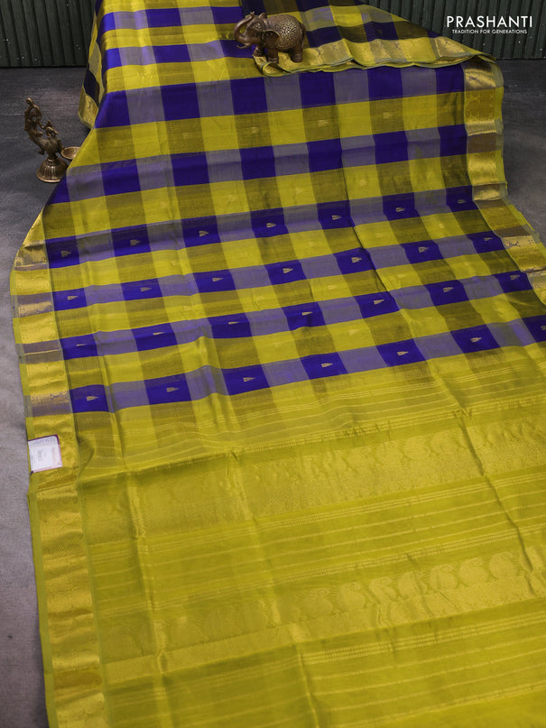 Silk cotton saree blue and light green with paalum pazhamum checks & zari buttas and paisley zari woven border