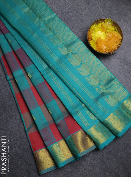 Silk cotton saree red and teal green with paalum pazhamum checks & zari buttas and paisley zari woven border