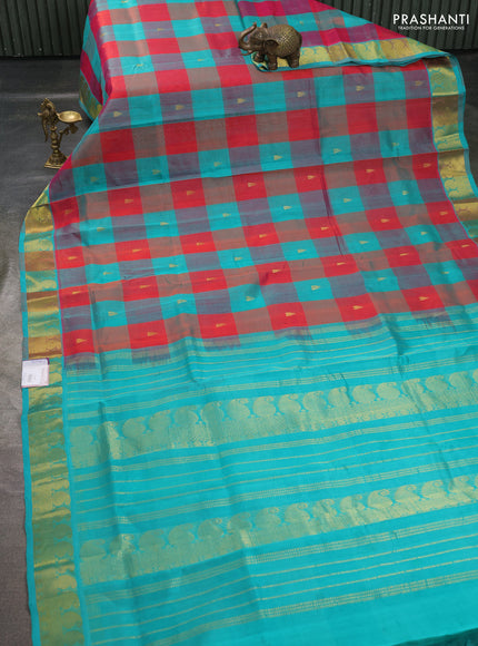Silk cotton saree red and teal green with paalum pazhamum checks & zari buttas and paisley zari woven border
