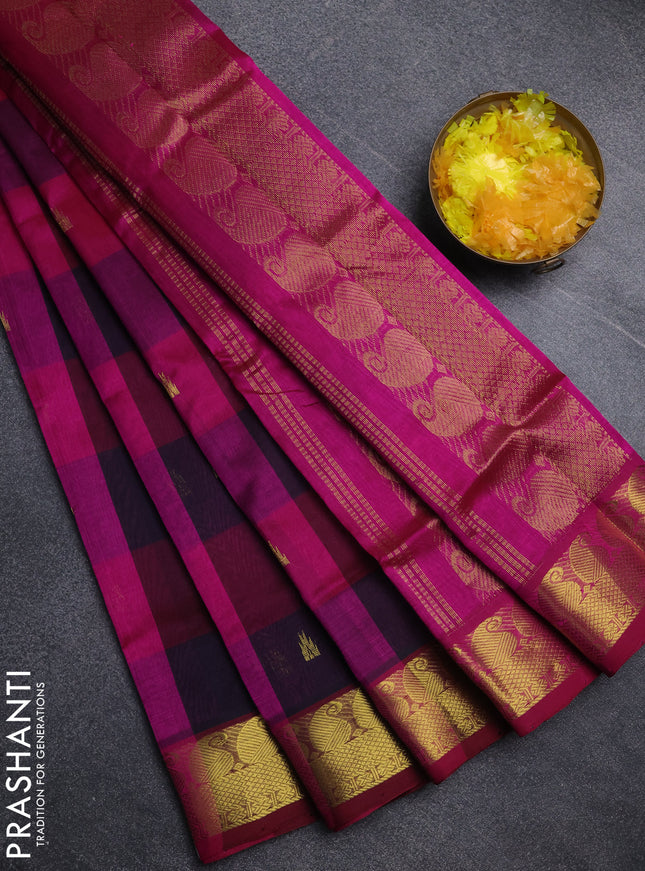 Silk cotton saree multi colour and pink with paalum pazhamum checks & zari buttas and paisley zari woven border