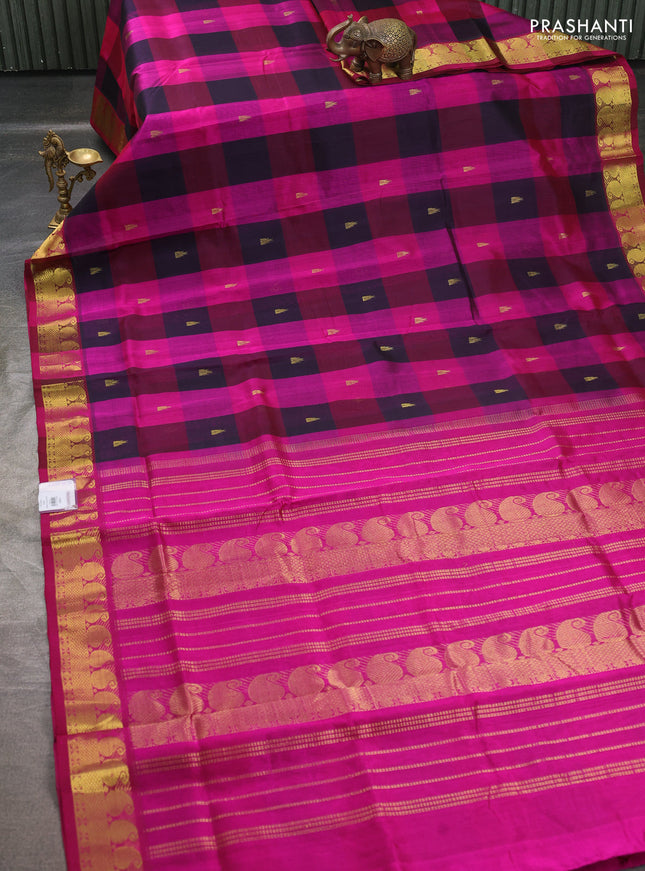 Silk cotton saree multi colour and pink with paalum pazhamum checks & zari buttas and paisley zari woven border