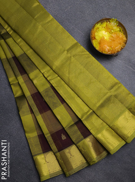 Silk cotton saree coffee brown and light green with paalum pazhamum checks & zari buttas and paisley zari woven border
