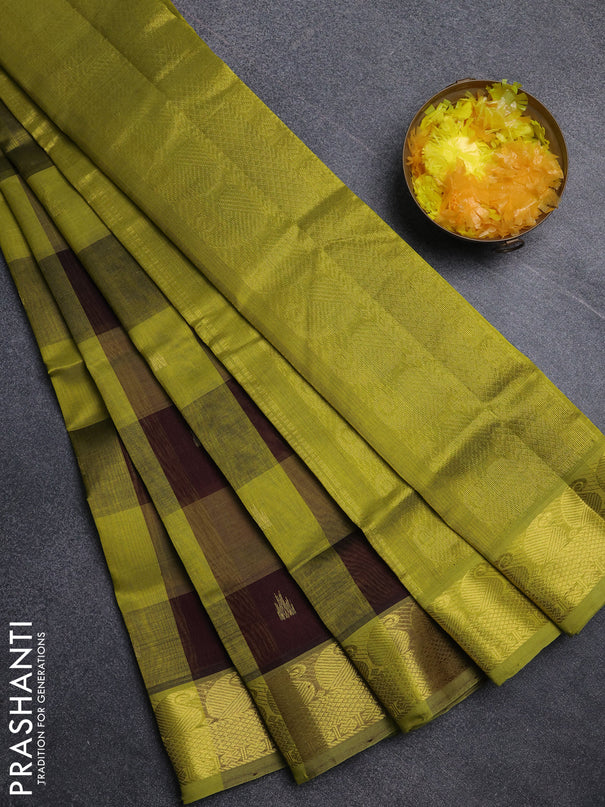 Silk cotton saree coffee brown and light green with paalum pazhamum checks & zari buttas and paisley zari woven border