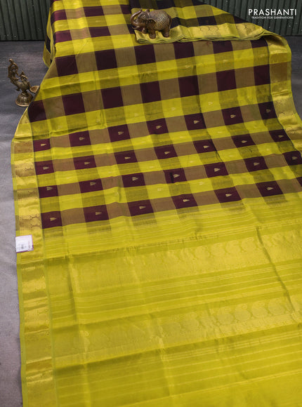 Silk cotton saree coffee brown and light green with paalum pazhamum checks & zari buttas and paisley zari woven border