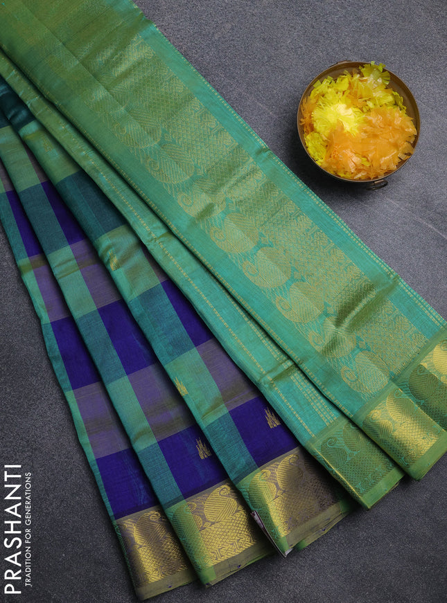 Silk cotton saree blue and teal green shade with paalum pazhamum checks & zari buttas and paisley zari woven border