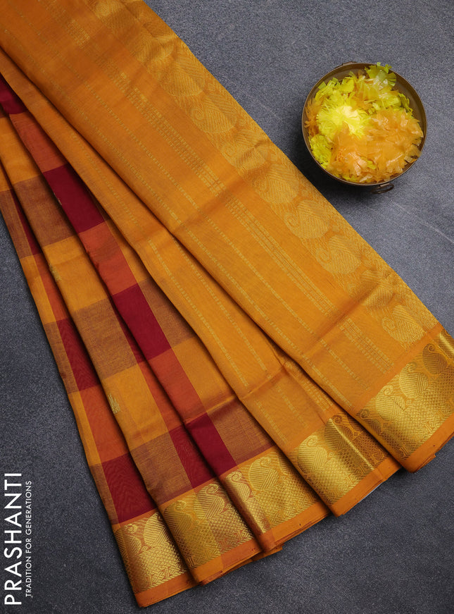 Silk cotton saree maroon and mustard yellow with paalum pazhamum checks & zari buttas and paisley zari woven border