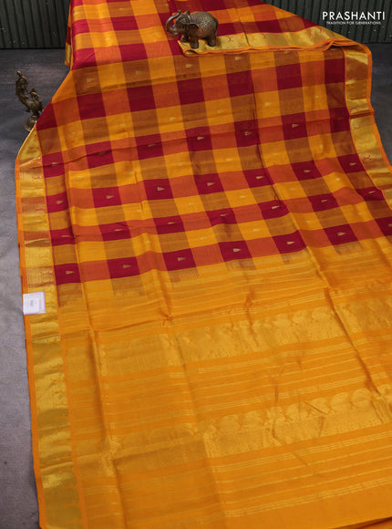 Silk cotton saree maroon and mustard yellow with paalum pazhamum checks & zari buttas and paisley zari woven border