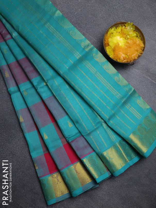 Silk cotton saree pink and teal green with paalum pazhamum checks & zari buttas and paisley zari woven border