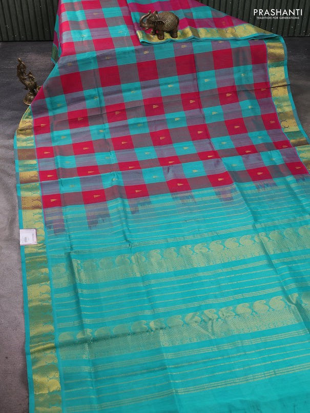 Silk cotton saree pink and teal green with paalum pazhamum checks & zari buttas and paisley zari woven border