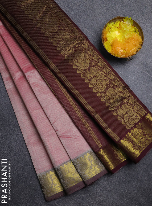 Silk cotton saree light pink and deep maroon with allover vairosi pattern and annam zari woven border