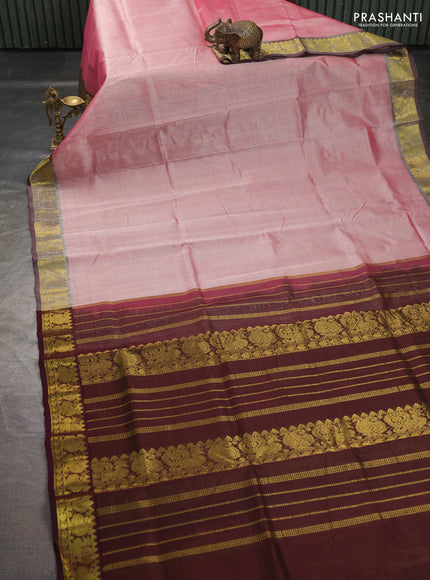Silk cotton saree light pink and deep maroon with allover vairosi pattern and annam zari woven border