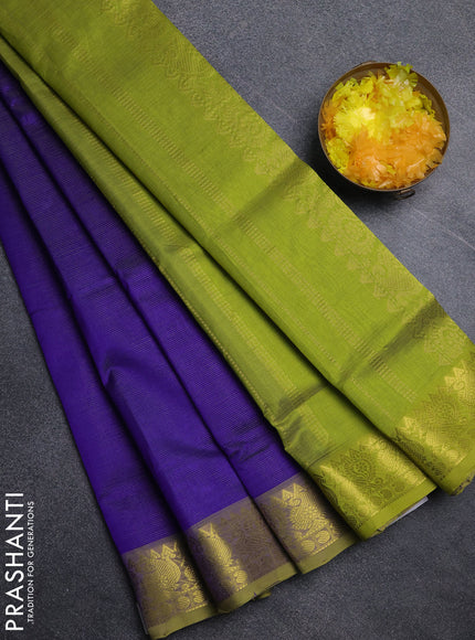 Silk cotton saree blue and light green with allover vairosi pattern and annam zari woven border