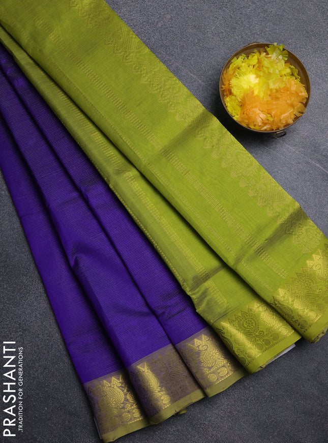 Silk cotton saree blue and light green with allover vairosi pattern and annam zari woven border