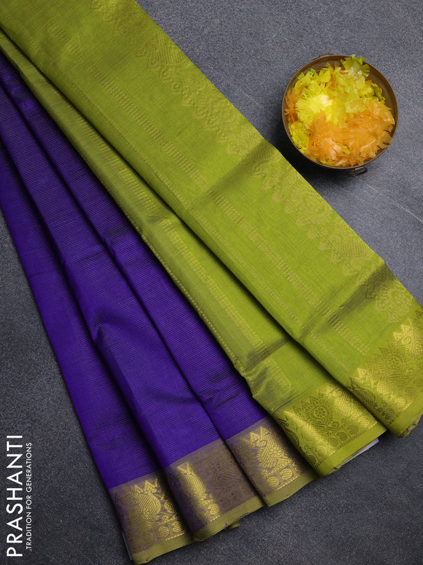 Silk cotton saree blue and light green with allover vairosi pattern and annam zari woven border