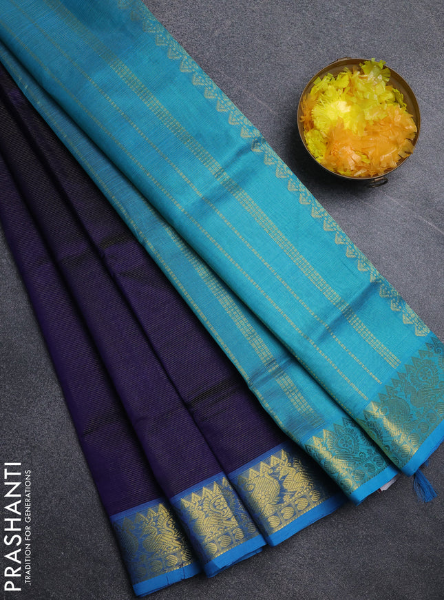 Silk cotton saree navy blue and cs blue with allover vairosi pattern and annam zari woven border