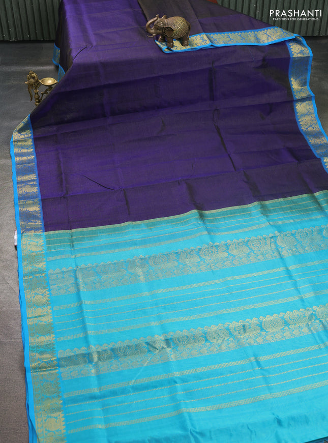 Silk cotton saree navy blue and cs blue with allover vairosi pattern and annam zari woven border