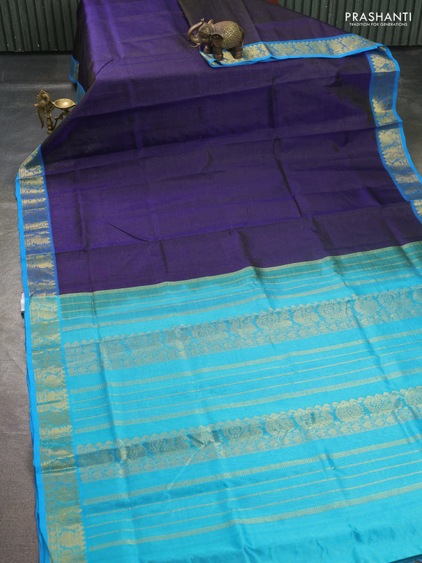Silk cotton saree navy blue and cs blue with allover vairosi pattern and annam zari woven border