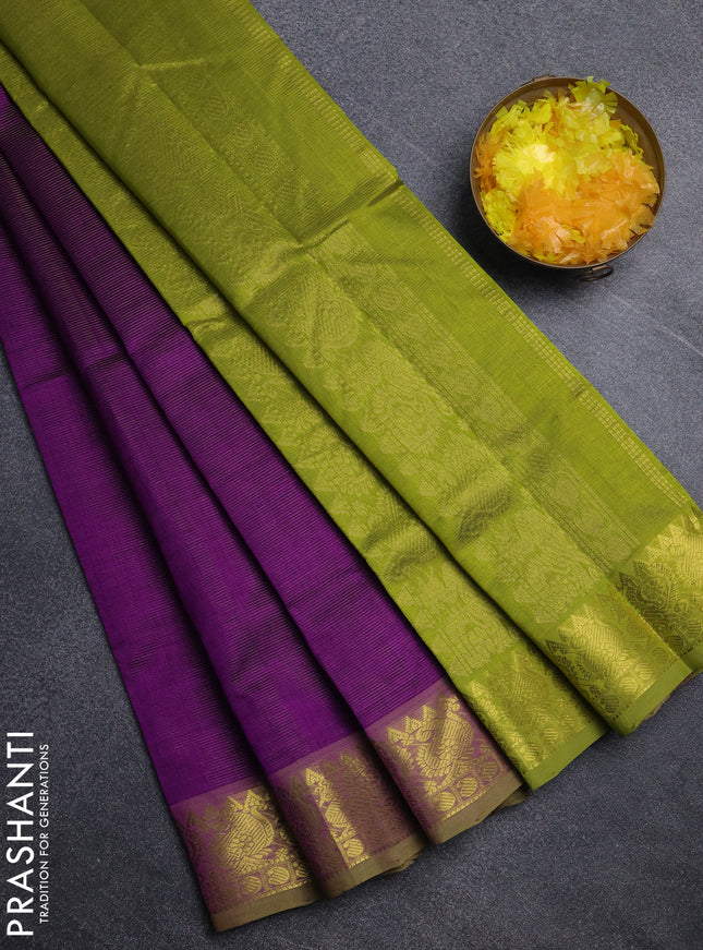 Silk cotton saree purple and light green with allover vairosi pattern and annam zari woven border