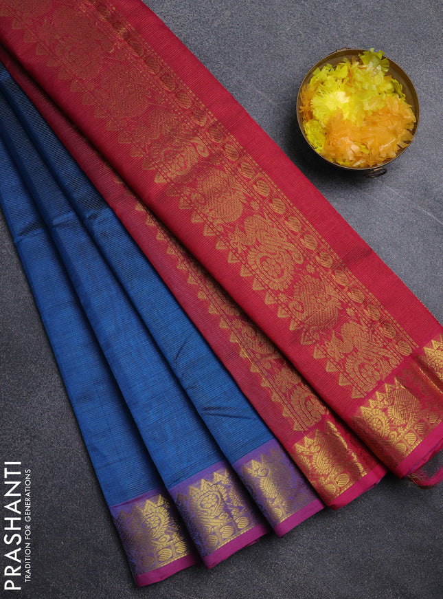 Silk cotton saree peacock blue and pink with allover vairosi pattern and annam zari woven border