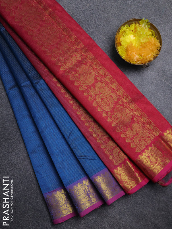 Silk cotton saree peacock blue and pink with allover vairosi pattern and annam zari woven border