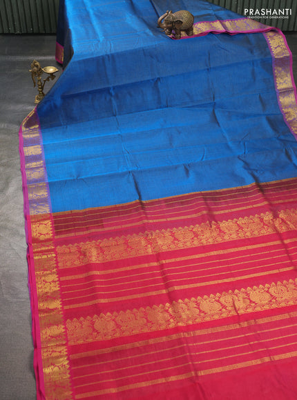 Silk cotton saree peacock blue and pink with allover vairosi pattern and annam zari woven border