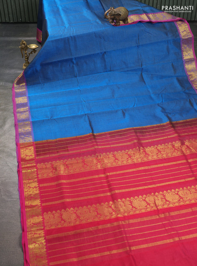 Silk cotton saree peacock blue and pink with allover vairosi pattern and annam zari woven border