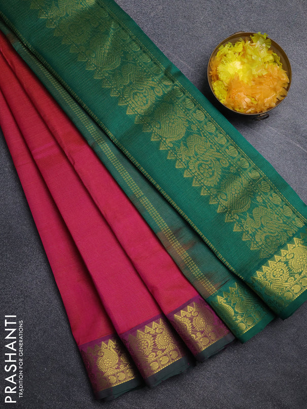 Silk cotton saree dual shade of pinkish orange and green with allover vairosi pattern and annam zari woven border