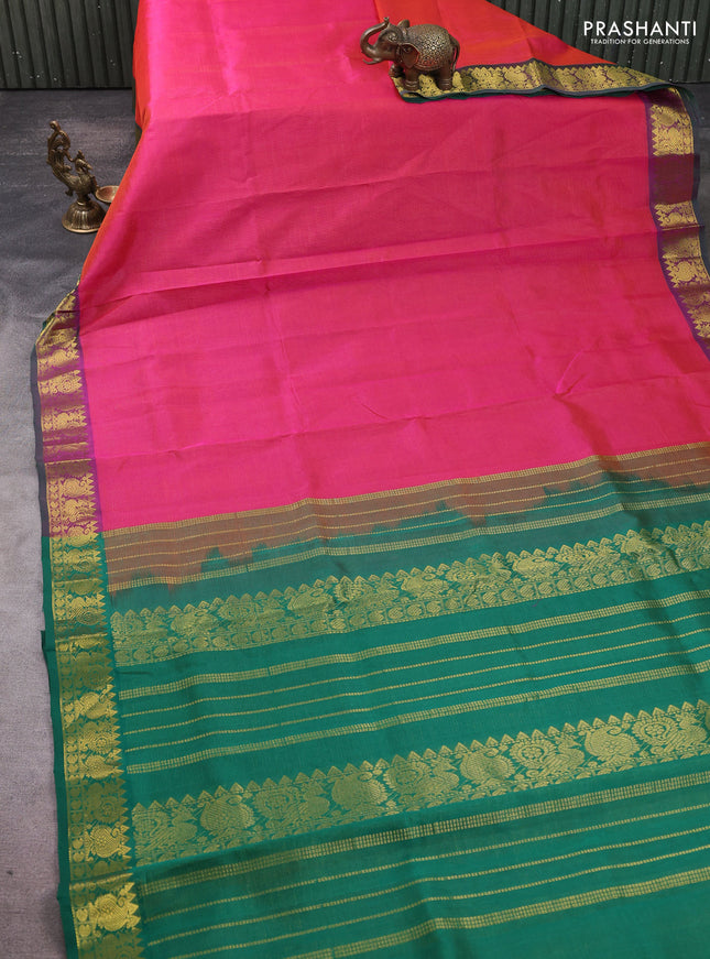 Silk cotton saree dual shade of pinkish orange and green with allover vairosi pattern and annam zari woven border