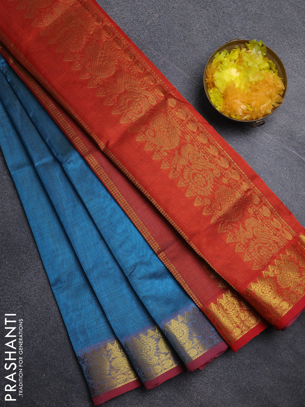 Silk cotton saree peacock blue and red with allover vairosi pattern and annam zari woven border