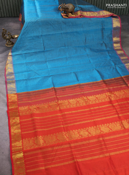 Silk cotton saree peacock blue and red with allover vairosi pattern and annam zari woven border