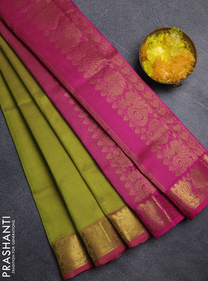 Silk cotton saree lime green and pink with allover vairosi pattern and annam zari woven border